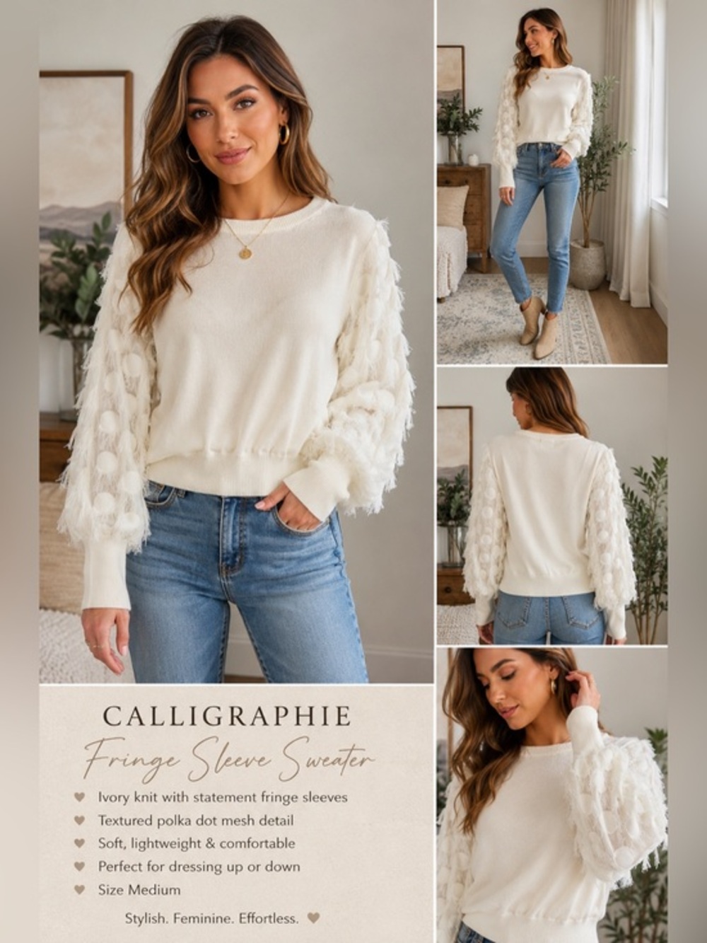 Calligraphie Ivory Fringe Sleeve Sweater M Boho Statement Knit Romantic Feminine